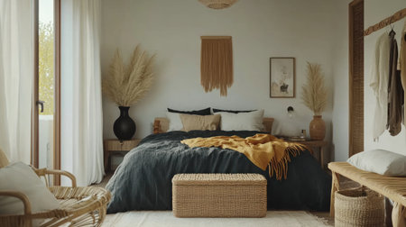 a bedroom with minimalistic and boho style, dark grey bed linen, wooden table in the middle of room, black vase on top of it, rattan armchair near to wall, soft warm lighting, a mustard blanket over sofa at one side of the room, a small wicker basket under bench, empty space for mockup product placement, white background, shot from front view, wide angle, hyper realistic, super detailed --chaos 30 --ar 16:9 --v 6.1 Job ID: bdfffd9f-ff12-496f-93c5-3fc097c4d20bの素材