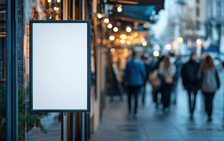 A blank white poster on the glass door of an upscale restaurant, blurry people walking by in the background, mockup style, stock photo, no text or logo, high resolution, sharp focus. --ar 8:5 --v 6.1 Job ID: d59f1d2a-c440-4a4b-a391-9fe2e8f25ef0の素材