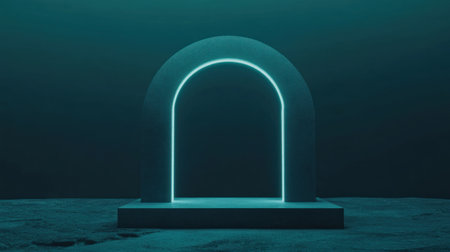 3D render, abstract background with an illuminated, glowing arch in the dark space. Minimal scene for product presentation, neon light effect. --chaos 30 --ar 16:9 --v 6.1 Job ID: f3465b2a-a1d2-4cbe-977d-b2635eafff20の素材