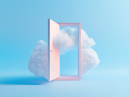 3D open door with cloud on blue background, copy space concept. Copy space, high quality. --ar 4:3 --v 6.1 Job ID: 19e7c136-0ce8-4f78-ad4b-d478d93e0f7cの素材