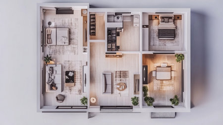 3D plan of the apartment, modern style in white color with gray elements, single-story layout, living room and kitchen area on the left side connected by an open space to the hallway and bedroom on the right side, front view, there is also a small balcony from which you can see outside, orthographic top-down perspective, orthogonal view, 2D vector illustration, high resolution, high details, 8K. --chaos 30 --ar 16:9 --v 6.1 Job ID: 48ae1913-d6ed-44bf-a3bc-bb5ff84481f0の素材