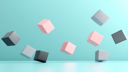 3D render of small cubes floating on a light blue background, with pink and grey colors, in a minimalistic style. --chaos 30 --ar 16:9 --v 6.1 Job ID: 8ce1ebd6-6963-40fe-9005-f734fa4f281dの素材