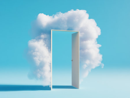 3D open door with cloud on blue background, copy space concept. Copy space, high quality. --ar 4:3 --v 6.1 Job ID: 19e7c136-0ce8-4f78-ad4b-d478d93e0f7cの素材