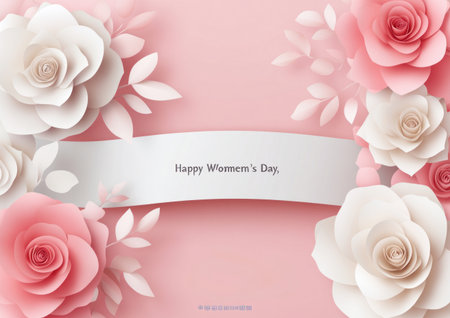 8 March, a happy Women's Day background with paper-cut flowers and a ribbon banner for the International Women's Day holiday greeting card or postcard. "Happy Women's Day," an illustration of 3D white text on a pastel-colored background. Paper art cut-out style vector design template stock illustration, isolated clipart graphic element for web, poster, or print advertising copy space banner, high resolution. --ar 7:5 --v 6.1 Job ID: 5d0a9729-1504-4ed1-b203-cfef9d66b347の素材