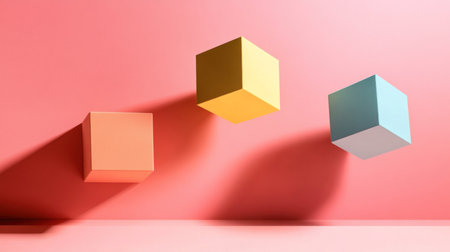 3D isometric view of three cubes: an orange cube on the left with yellow and blue cubes floating above it on a pink background. Shadows from the cubes create a minimalistic, simple, and pastel-colored scene, isolated with no people or objects, just the essential elements. --chaos 30 --ar 16:9 --v 6.1 Job ID: f45ee309-5b03-4dda-87c1-e5fe6b25fd82の素材