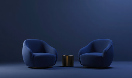 3D rendering of a dark blue empty wall background with two modern armchairs and a brass side table. Minimalist interior design concept for a home, hotel, or office space. A blue chair isolated on a grey background. 4K --ar 5:3 --v 6.1 Job ID: a8d66de1-447e-4cbf-b5e3-07f6ce27673cの素材