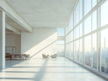 3D rendering of a white, empty wall in a modern office interior with glass and windows, offering a panoramic view. The room is filled with bright daylight, featuring concrete floors, stylish furniture, and an urban cityscape outside the windows. This setting provides space for adding text or images to create an inviting work environment. --ar 4:3 --v 6.1 Job ID: 68b60e9a-1191-4792-82f6-3ed7dab016ccの素材