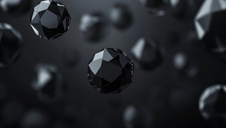 Dark gray background with abstract geometric shapes of black spheres and diamonds floating in the air. Minimalist concept art. The composition is symmetrical, with a blurred foreground effect for depth. --ar 53:30 --v 6.1 Job ID: 704ca757-2626-4cbb-8fbb-392bfe0e5a65の素材