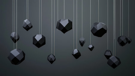 Dark gray background with abstract geometric shapes of black spheres and diamonds floating in the air. Minimalist concept art. The composition is symmetrical, with a blurred foreground effect for depth. --ar 53:30 --v 6.1 Job ID: 704ca757-2626-4cbb-8fbb-392bfe0e5a65の素材