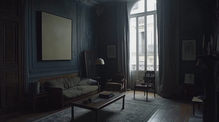 A dark blue living room with a dark wood sofa and armchair, a coffee table, and a modern art painting on the wall. This cozy home interior design creates a welcoming family entrance. --chaos 30 --ar 16:9 --v 6.1 Job ID: 723c9876-60a7-40aa-b0f6-9880677014e4の素材