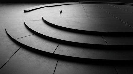 Abstract black background with gray geometric shapes in the shape of an O, circular design, modern technology concept, 3D rendering illustration, no people or human figures. --chaos 30 --ar 16:9 --v 6.1 Job ID: 38135b05-7060-4aa8-9c94-f854d1886b12の素材