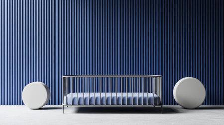 3D render of a minimalistic blue background with a baby bed and round podiums on it, featuring geometric shapes and dots in a blue color scheme, simple shapes, and a minimalist concept with copy space. --chaos 30 --ar 16:9 --v 6.1 Job ID: fd591753-d128-4089-aeda-c10f64efc026の素材