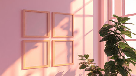 3 vertical frame mockups with wooden frames, white background, and a light pink wall, with soft lighting, in a minimalistic style and simple designs, without any text or pictures. --chaos 30 --ar 16:9 --v 6.1 Job ID: 6a45a83f-0d4c-4b6d-88ee-8e25be1d75fbの素材