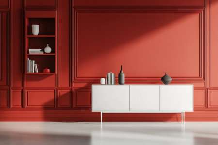 Red wall paneling with white furniture and shelves in a minimalist interior design of a modern living room, front view. Red wall paneling with a white cabinet on the floor and a bookcase for home decor. Red wall background with a white cabinet and shelves. Red wall paneling concept. Red wall mockup. --ar 3:2 --v 6.1 Job ID: 84282bec-b54f-4a4e-972b-c9f842d3734dの素材