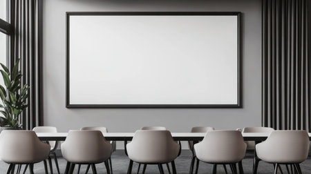 Modern white office interior with a chalkboard wall mockup, a grey and beige color scheme, and a large screen display for advertising in the conference room. --chaos 30 --ar 16:9 --v 6.1 Job ID: 1dd6f1c6-a858-4261-b2a5-36ea447f8251の素材