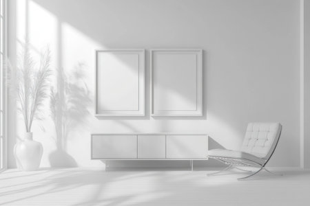Modern white living room interior with two empty poster frames on the wall and a cabinet near it, a mockup. Interior design of a modern home entrance corridor with a chair. --ar 3:2 --v 6.1 Job ID: 11116d19-9d83-43e1-97b9-675be9653a4dの素材