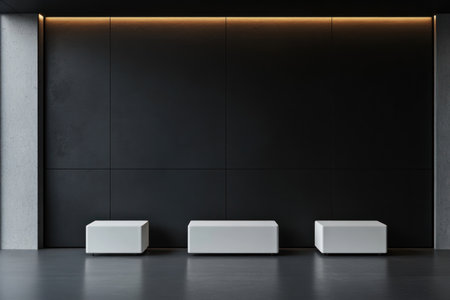 A black wall with three rectangular white seats on the floor, minimalist style, concrete and metal interior design of an art gallery, frontal view, hyper-realistic photography, wide-shot camera model, cinematic lighting. --ar 3:2 --v 6.1 Job ID: 2b7ae7d6-10ff-4c7e-bbde-750a153f7e8aの素材