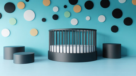 3D render of a minimalistic blue background with a baby bed and round podiums on it, featuring geometric shapes and dots in a blue color scheme, simple shapes, and a minimalist concept with copy space. --chaos 30 --ar 16:9 --v 6.1 Job ID: fd591753-d128-4089-aeda-c10f64efc026の素材
