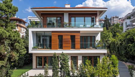 Modern two-story residential building with large windows and wooden accents, set against the backdrop of a blue sky on a sunny day in Istanbul. The house has an exterior that includes white walls, brown wood cladding, glass balconies, and greenery around it, creating a serene atmosphere. A balcony is visible on one side of the structure, adding to its modern architectural style. This photo captures the essence of contemporary home design and urban living. --ar 53:30 --v 6.1 Job ID: 9a0ca5db-c100-4b82-a50a-922dabfab6ddの素材