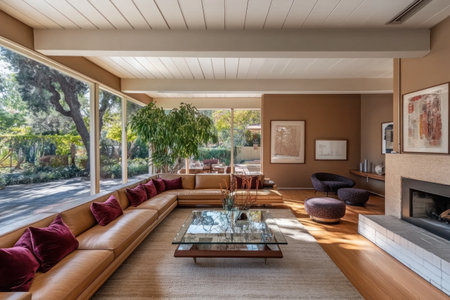 Photo of a large, modern living room with a fireplace, light brown walls and ceiling, white trim around the windows, tan leather couches, burgundy throw pillows on the sofa, a glass coffee table in front of the seating area, a wood floor, wooden side tables, small dark stone round accent chairs, an indoor tree in the corner, and natural lighting from a large picture window overlooking a garden, with warm lighting throughout. --ar 3:2 --v 6.1 Job ID: 95f6dd8e-c9b6-4a67-8d7b-cd39277e38d0の素材