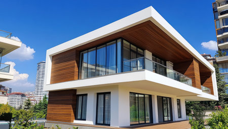 Modern two-story residential building with large windows and wooden accents, set against the backdrop of a blue sky on a sunny day in Istanbul. The house has an exterior that includes white walls, brown wood cladding, glass balconies, and greenery around it, creating a serene atmosphere. A balcony is visible on one side of the structure, adding to its modern architectural style. This photo captures the essence of contemporary home design and urban living. --ar 53:30 --v 6.1 Job ID: 9a0ca5db-c100-4b82-a50a-922dabfab6ddの素材