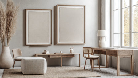 Modern Scandinavian home office with empty frames on the wall, large canvas mockups, neutral tones and natural textures, natural light from windows, modern furniture including a desk, chair, ottoman, lamp table, and a vase of pampas grass. --ar 53:30 --v 6.1 Job ID: 3e101abc-f2a8-4e57-8929-e2f21b3f8ad4の素材