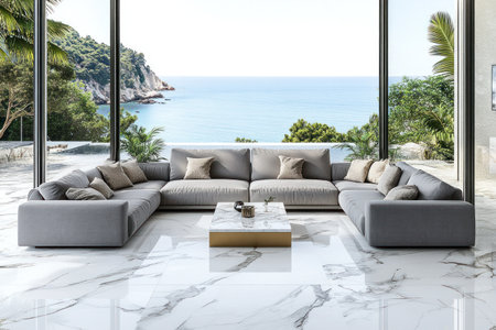 3D rendering of a modern living room with grey sofas and a white marble floor in a beach house interior design, with a view of the sea landscape in the background. Captured with a wide-angle lens in daylight. --ar 3:2 --v 6.1 Job ID: 799385eb-1131-43cd-a6cc-df9ee844d57dの素材