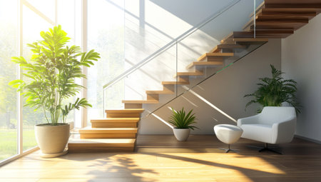 Staircase design with wooden steps and glass railings, leading to an open-space room adorned with indoor plants in beige pots and a white armchair. The bright sunlight shines through the large windows on one side of the staircase, creating a serene atmosphere. This is a detailed illustration showcasing the modern interior decor. --ar 53:30 --v 6.1 Job ID: 35023378-8ebf-4882-b078-08c2e7a62933の素材