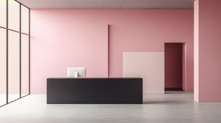 Modern reception room with blank wall mockup, front view of a dark wood desk and white computer monitors, light pink walls, cream marble floor, high ceiling, glass windows, contemporary office interior design. --chaos 30 --ar 16:9 --v 6.1 Job ID: c65a332e-aff1-457e-aecb-b15d9d6c537bの素材