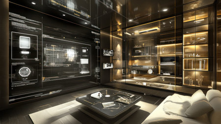 A digital rendering of a smart home interior with various connected devices and appliances, a holographic interface showcasing touchable features like temperature control, lighting settings, security system, a living room with a sofa, coffee table, TV, and shelves, against a dark background with warm ambient light, featuring futuristic design elements. --chaos 30 --ar 16:9 --v 6.1 Job ID: d99337bd-3740-42b3-b896-2a7de5d5cbc7の素材