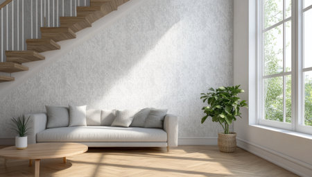 Scandinavian-style living room with a wooden floor, white walls, and light grey patterned wallpaper. The sofa is near the window on one side of the wall, and there's an indoor plant in a pot in the corner. There's also a small round coffee table between the couch and the stairs to the second story. --ar 53:30 --v 6.1 Job ID: 3f9c3cc7-6e7a-4821-8add-cdeb1a09767bの素材