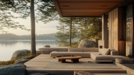 Stylish Scandinavian living room with a beige sofa, coffee table, and rug on a wooden floor. Large window overlooking a nature view, bright interior design of modern home decor. Wide-angle lens, natural lighting. --chaos 30 --ar 16:9 --v 6.1 Job ID: 63294ac7-0fef-4bfc-b62c-4cddd39a8327の素材