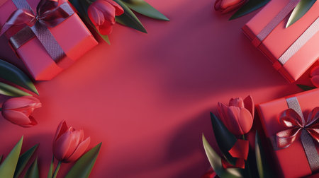 The background is pink, with tulips and gift boxes tied together by ribbons on the left side of the picture. The composition has an overhead perspective, with soft lighting creating a warm atmosphere. High-definition photography, flat lay style, wide-angle lens, delicate texture, and a pink tone create an elegant scene. --chaos 30 --ar 16:9 --v 6.1 Job ID: c1f4ecfe-c255-496e-96a5-20e2644edf16の素材
