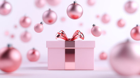 3D render of a gift box with rose gold and pink Christmas ornaments flying out on a pastel background, in a minimalistic style, captured with a 50 mm lens, raw photo. --chaos 30 --ar 16:9 --v 6.1 Job ID: 9c60ac3b-b364-40a2-b53e-5b4f89e6622aの素材