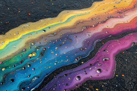 A close-up of the colorful, rainbow-hued oil spill on asphalt, showcasing its intricate patterns and vibrant colors, evoking an otherworldly atmosphere with delicate ripples in each droplet. The image captures every detail from tiny water drops to the subtle gradient between hues, creating a mesmerizing visual experience. --ar 3:2 --v 6.1 Job ID: f3fc09cc-a7c7-42b3-a7fe-65db19de5924の素材