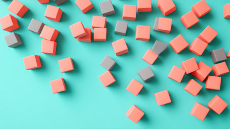 3D render of small cubes floating on a light blue background, with a simple and minimalistic design. The colors used are pink and grey, and the view is from the top. --chaos 30 --ar 16:9 --v 6.1 Job ID: 0b507a8a-9f42-4a0e-8e53-ec7e74adfe1eの素材