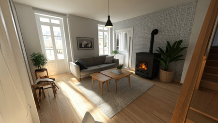 Scandinavian-style living room with a wooden floor, white walls, and light grey patterned wallpaper. The room features a sofa, a coffee table, a potted plant, a wood-burning stove fireplace, and a wooden staircase to the right of the window. A small hallway can be seen at the back left side. The image has natural lighting, professional color grading, soft shadows, and a clean, sharp focus, resembling magazine photography. --ar 53:30 --v 6.1 Job ID: e4489a1d-8009-4841-bc16-de54d29985c7の素材