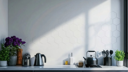 3D render of white and grey hexagon tiles with black accents in a kitchen. White wall, dark grey cabinets, purple flowers on the countertop, pots, a kettle, toasters, and plants. --chaos 30 --ar 16:9 --v 6.1 Job ID: fdf2cde3-fba0-4f02-b0d7-a91df9a640c9の素材