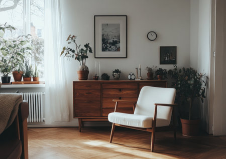 Nordic-style interior design, a light wood sideboard with a white armchair in the center of the living room, Scandinavian furniture and decor, a minimalist home environment, natural lighting from the window, and a wooden floor. --ar 7:5 --v 6.1 Job ID: 4a2090c2-2ad2-4e99-8aac-9decc9d1a235の素材