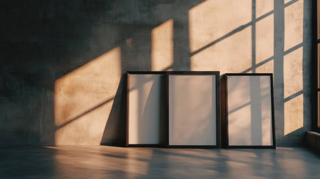 3 black frames on the floor, leaning against the wall, in a minimalist style, with a white background and warm light from the window. --chaos 30 --ar 16:9 --v 6.1 Job ID: 9affb0f5-4e44-41e2-a13e-2dadf4939987の素材