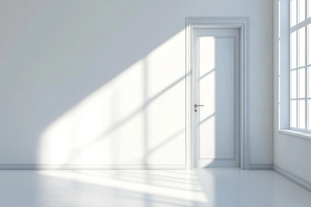 3D rendering of a white wall in a modern office interior with a glass door and a desk on the right side. Bright room lighting, shadows from ceiling lights. Minimalist design. Wide-angle lens realistic photo shoot. --ar 3:2 --v 6.1 Job ID: c1afff46-ef3f-4dba-b927-3c40e9118f5fの素材