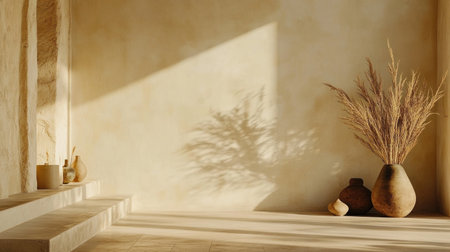 Photo of a beige wall in an empty room with minimalistic furniture and decorative objects, such as vases or potted plants. --ar 16:9 --v 6.1 Job ID: 2c17d3c7-d2b4-4b6d-8fb6-4b3827c78fe2の素材