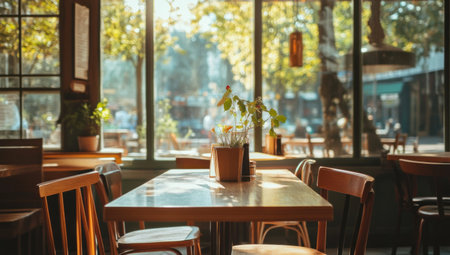Bright and airy cafÃ© interior with large windows, tables, chairs, and wooden accents. In the background is an outdoor seating area with sunlight streaming through the glass walls. The scene exudes warmth and comfort in the natural lighting. --ar 53:30 --v 6.1 Job ID: 03a7151c-2f5c-4fb6-851a-00de9e382641の素材