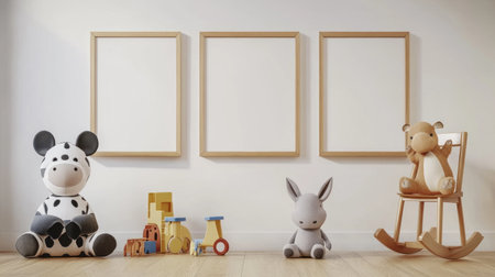 3 empty wall frames mockup in a white children's room, with toys and stuffed animals on the floor, a wooden chair near them, in a minimalist style, with soft lighting. --chaos 30 --ar 16:9 --v 6.1 Job ID: 31b6eddb-fc7e-41e2-93a0-c68c91ed6317の素材
