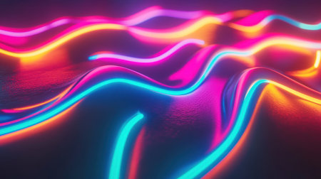 3D render of fluid holographic lines on a black background, with fluid shapes, curved lines, and rainbow colors. The fluid design and form create a hologram-style composition, featuring fluid color transitions and lines across the black background. --chaos 30 --ar 16:9 --v 6.1 Job ID: 62f988f4-fc44-4ceb-8263-130113169db9の素材