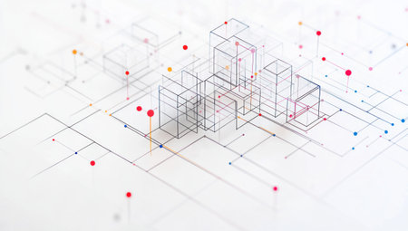 Minimalist line art, an isometric graph of connected cubes and dots, on a white background, with colorful lines and red dot accents. --ar 53:30 --v 6.1 Job ID: 727ab382-0ca4-47eb-9168-03dce3672ee1の素材