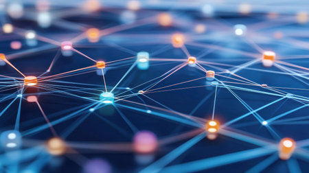 Abstract background with interconnected nodes and connections forming a network structure, a technology concept with a blue, purple, and green color palette on a white background, in a minimalist style with soft lighting and a close-up shot. The overall composition is balanced, highlighting the geometric shapes of connected dots and lines, conveying artificial intelligence or data transfer concepts. This visual representation symbolizes global connectivity through digital networks --chaos 30 --ar 16:9 --v 6.1 Job ID: bf468d94-aeaa-41a8-8288-3bf7ead6110bの素材