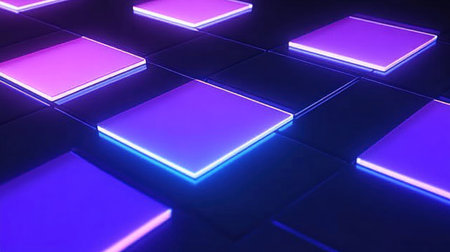 A dark background with multiple glass squares in blue and purple colors, arranged at different angles. The style is minimalist, featuring high-definition images with a slight glow effect, rendered using 3D software, presenting an abstract futuristic feel. This design emphasizes the contrast between lightness and darkness through the use of bright and deep tones. --chaos 30 --ar 16:9 --v 6.1 Job ID: d0acf210-939a-4a10-abc1-6469eace5f14の素材