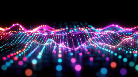 Abstract background with colorful holographic waves, iridescent colors, neon light effect, fluid lines, black background, dark blue and green color scheme, rendered in Octane, 3D illustration, soft shadows, low contrast, cinematic lighting, depth of field, high resolution, hyper-realistic --chaos 30 --ar 16:9 --v 6.1 Job ID: 2db42bd9-bc7d-4518-b858-6c0524cb06fcの素材