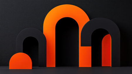 Minimalist abstract background with orange shapes and rounded corners, rendered in a 3D style. The composition includes simple geometric elements for a clean look, with a focus on the soft lighting creating gentle shadows that enhance the minimalist aesthetic of the scene. This design is perfect as an empty space or backdrop to display products, featuring the color 'Vantablack'. --chaos 30 --ar 16:9 --v 6.1 Job ID: a84655d4-bb5f-4849-94bc-50f6443abcd8の素材